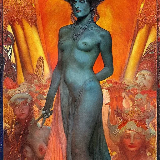 Prompt: the queen of the underworld in full regalia, by Annie Swynnerton and Diego Rivera and Tino Rodriguez and Maxfield Parrish and Nicholas Roerich, elaborately costumed, rich color, dramatic cinematic lighting, extremely detailed