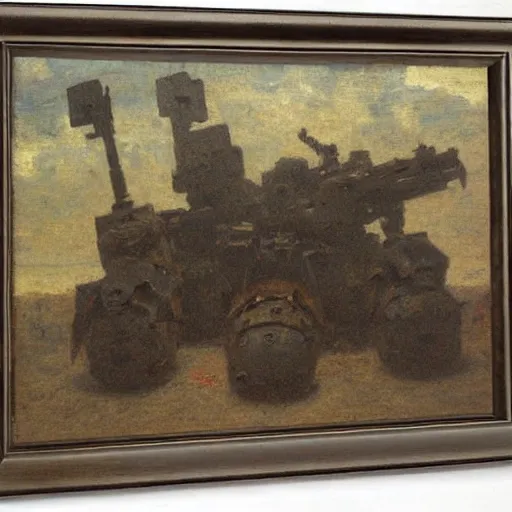 Prompt: Still life of a combat mech surrounded by its weapons, by Henri Fantin-Latour