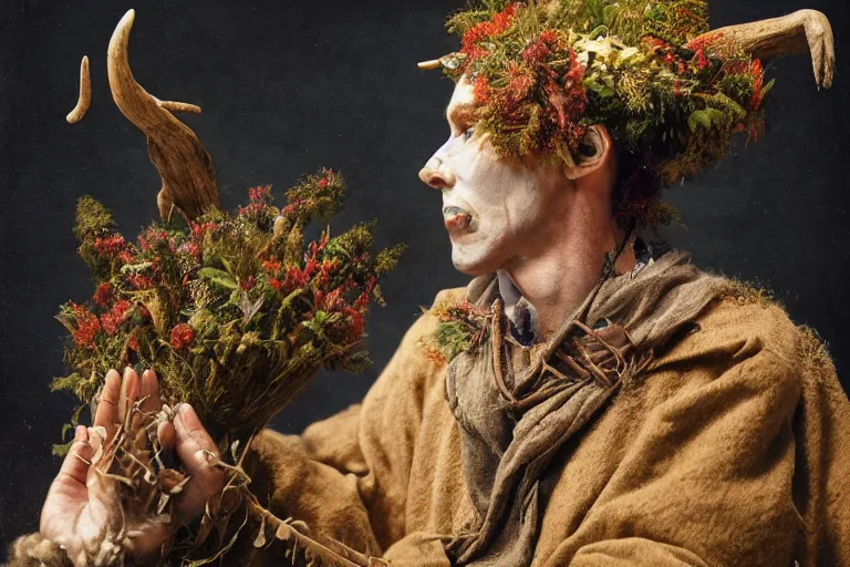 Prompt: portrait of a tyrolean folklore mask, wearing hay coat, with horns, eerie, flowers growing out of his body, detailed intricate insanely detailed octane render, 8k artistic 1920s photography, photorealistic, chiaroscuro, by David Cronenberg, Raphael, Caravaggio