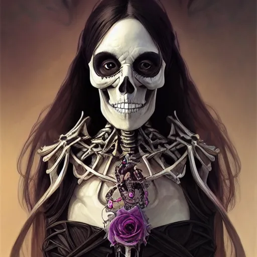 Prompt: portrait of an undead skeleton necromancer, D&D, fantasy, intricate, elegant, highly detailed, digital painting, artstation, concept art, smooth, sharp focus, illustration, art by artgerm and greg rutkowski and alphonse mucha