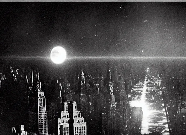 Image similar to vintage film still of the moon exploding over new york city in the 1 9 2 0 s from the old sci - fi movie