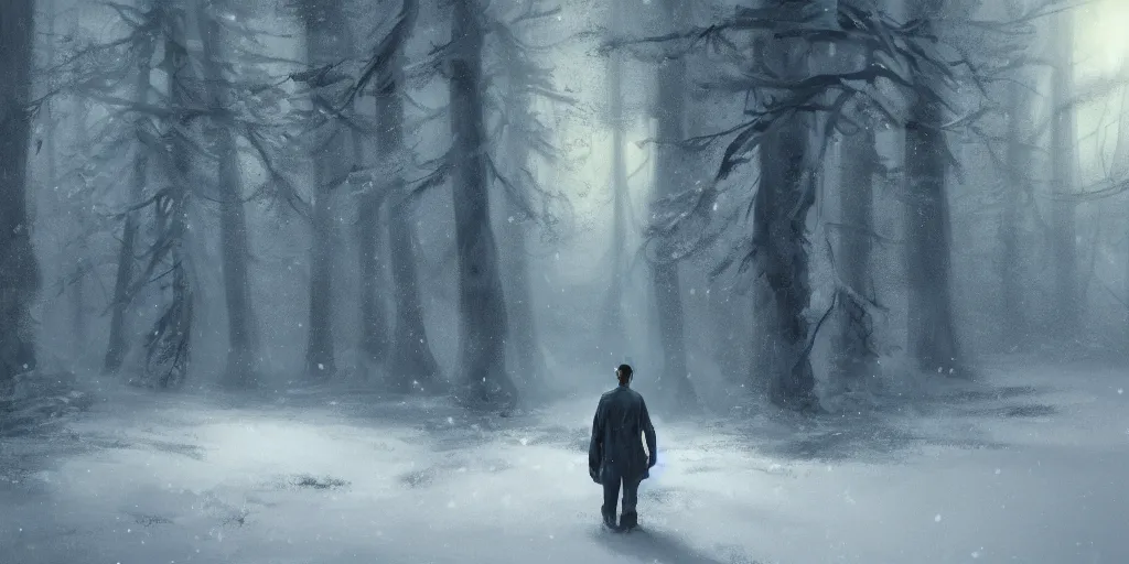 Prompt: a man with a japanese long dark hair bun, in a snowy forest setting with ray lights, hard edges concept art, highly detailed, great cinematic lighting, depth of field, art by greg rutkowski, trending on artstation