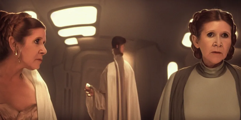 Image similar to a full color still of Carrie Fisher as Leia Organa as a regal Senator in the Galactic Senate with a weird alien friend, cinematic lighting, 1999, directed by Steven Spielberg, 35mm