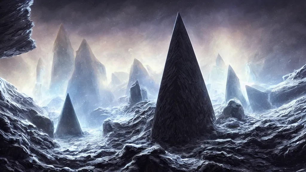 Prompt: highly detailed digital painting of various pieces of shattered geometry hovering in the sky above an icy chasm, in the background is a large black obelisk covered in glowing runes, fantasy art, cinematic concept art, award-winning art, detailed matte painting