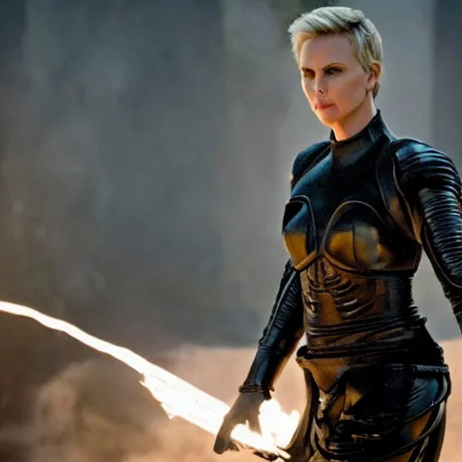 Prompt: Charlize Theron as a Terminator sent back in time to King Arthur's court, knights, beautiful, detailed, epic action, 4k cinematic action, by James Cameron