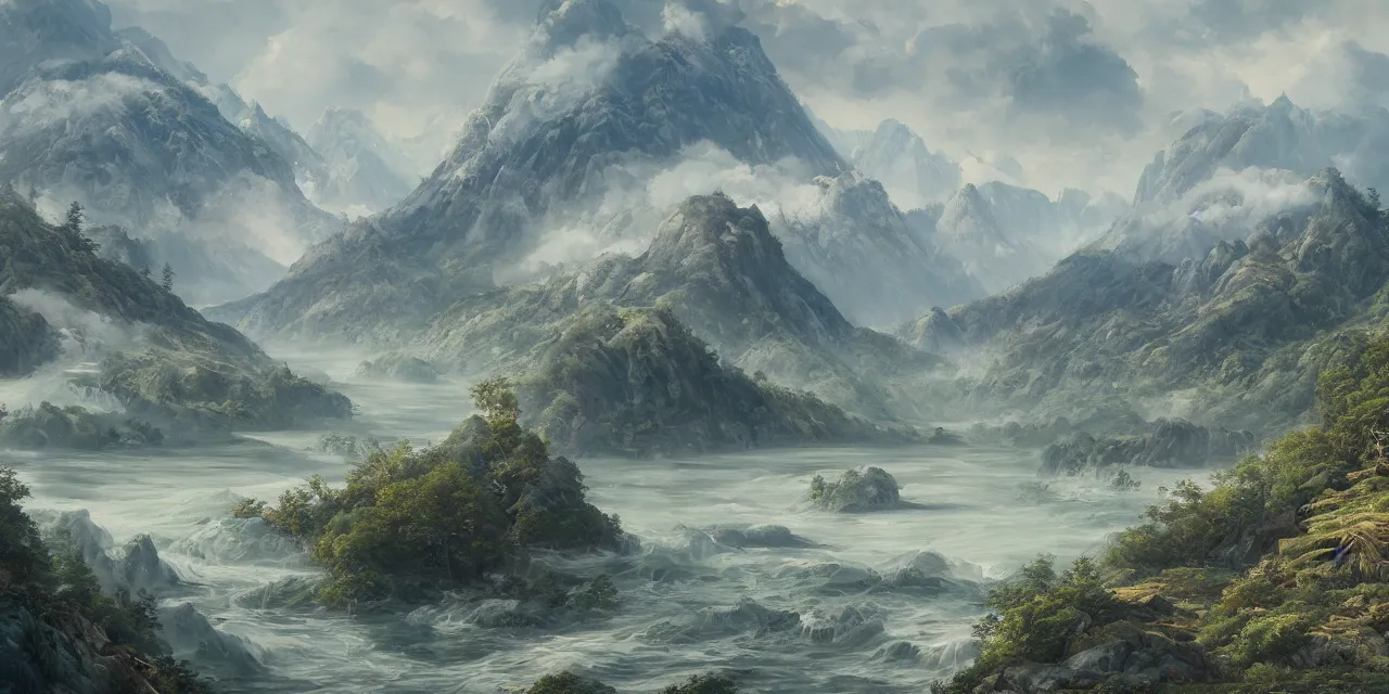 Image similar to a beautiful painting of a scene about a panorama of rivers and mountains, by james jean and yuumei and wang ximeng, trending on artstation., ultrawide viewn and highly detailed matte painting