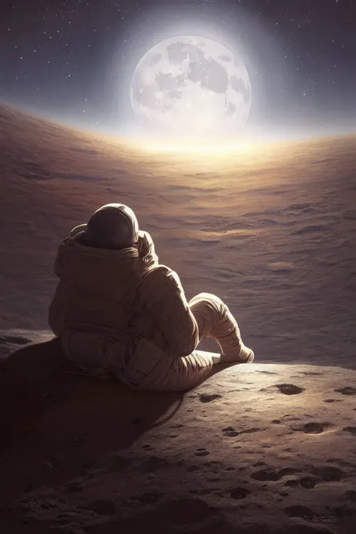 Image similar to Man sitting on the moon with a view of the earth in the background, elegant, digital painting, highly detailed, artstation, concept art, smooth, sharp focus, illustration, art by artgerm and greg rutkowski.