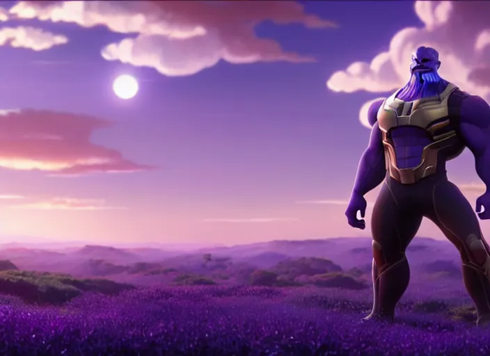 Prompt: a wholesome animation key shot of thanos, studio ghibli, pixar and disney animation, sharp, rendered in unreal engine 5, clear sky, anime key art by greg rutkowski, bloom, dramatic lighting