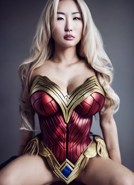 Prompt: portrait of a korean woman that looks like lindsey pelas on the set of wonder woman, by charlotte grimm, natural light, detailed face, canon eos c 3 0 0, ƒ 1. 8, 3 5 mm, 8 k, medium - format print, half body shot