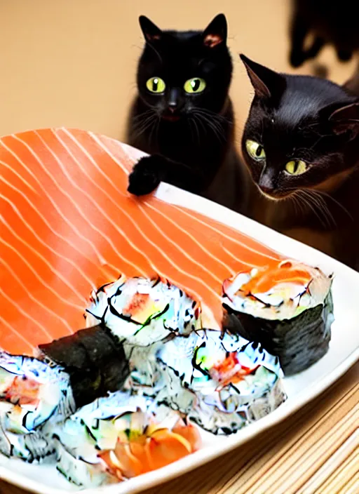 Image similar to clear photograph of cute cats stealing sushi from sushi plates