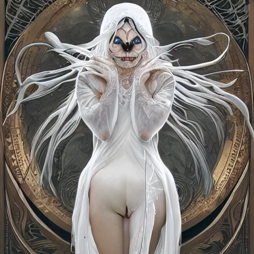 Image similar to a photograpic portrait of a anthropomorphic spider wearing white clothes, fantasy, intricate, elegant, highly detailed, digital painting, artstation, concept art, smooth, sharp focus, illustration, art by artgerm and H R Giger and alphonse mucha