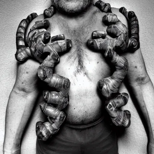 Image similar to ultra detailed photo of a man with many gorey arms covering his entire body