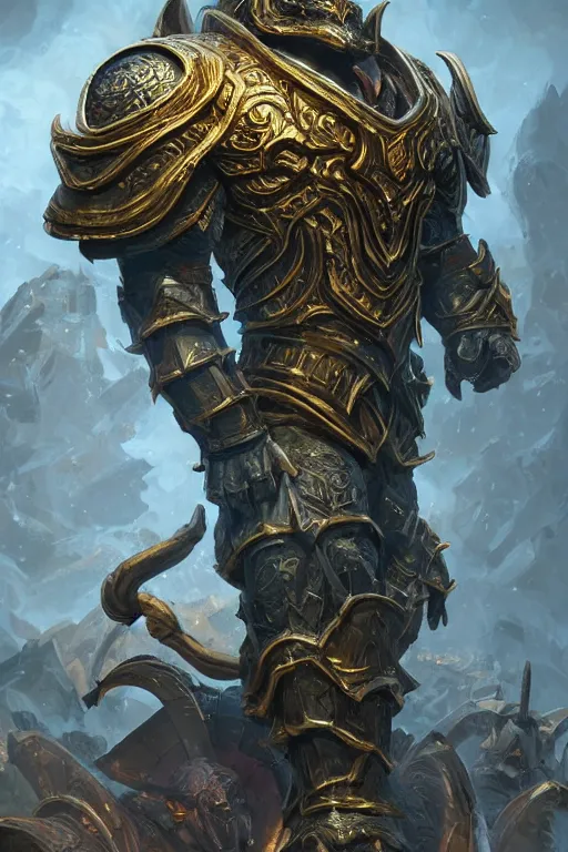 Image similar to a dungeons and dragons storm giant portrait, intricate ornate armor, subject in the middle of the frame, rule of thirds, golden ratio, elegant, digital painting, octane 4k render, zbrush, hyperrealistic, artstation, concept art, smooth, sharp focus, illustration from Warcraft by Ruan Jia and Mandy Jurgens and Artgerm and William-Adolphe Bouguerea