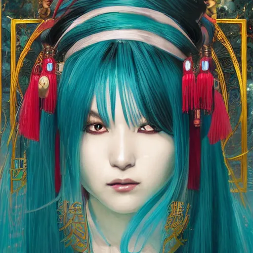 Image similar to a beautiful portrait of hatsune miku with teal colored hair with deep red highlights as an ancient chinese sorceress, space fantasy, in the style of magic the gathering, intricate, elegant, highly detailed, digital painting, artstation, concept art, matte, sharp focus, illustration, art by greg rutkowski and alphonse mucha