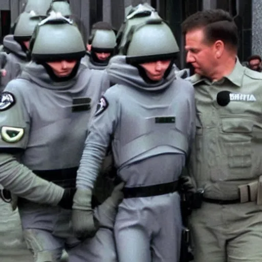 Image similar to extraterrestrial zeta reticulan grey alien, being arrested by spetsnaz