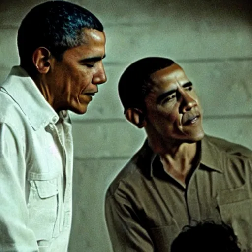 Image similar to film still of Barack Obama being held against a wall by a predator in the movie Alien.