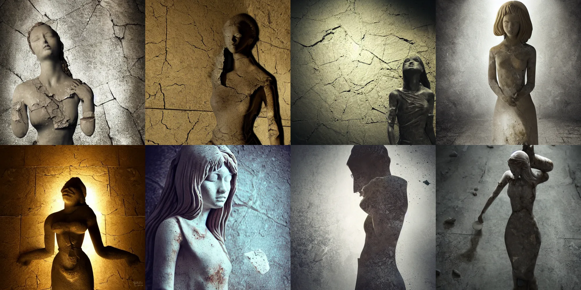 Prompt: breaking statue of girl, real girl underneath, shattered crumbling plaster, stone dust, escaping, stone tile hallway, fantasy art, 4 k, dramatic lighting, trending deviantart