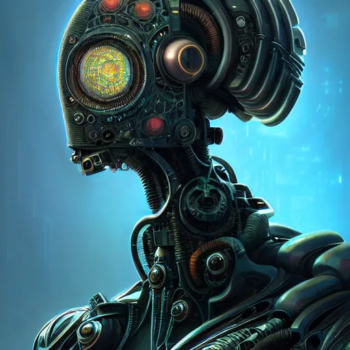 Image similar to low angle shot of a cyberpunk gazmask robot character made of fractal, intricate, elegant, highly detailed, centered, digital painting, artstation, concept art, smooth, sharp focus, illustration, artgerm, Tomasz Alen Kopera, Peter Mohrbacher, donato giancola, Joseph Christian Leyendecker, WLOP, Boris Vallejo