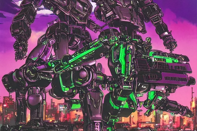 Image similar to mecha fighting against young biker in neo tokyo, very detailed, cyberpunk, akira anime, artwork, violet green magenta details, art by katsuhiro otomo