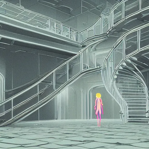 Image similar to a beautiful slimegirl woman in a bright white hallway with many doors and many stairs, Mc Escher architecture, epic composition, by Makoto Shinkai