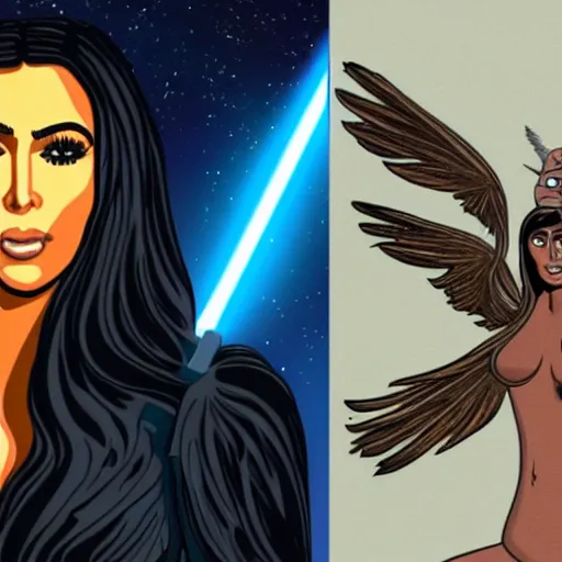 Prompt: kim kardashian in star wars with the beatles and bird person from rick and morty simpsons style high detail