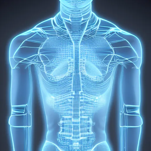 Image similar to detailed blueprint of a human on a hologram, sci-fi, futuristic, cgi