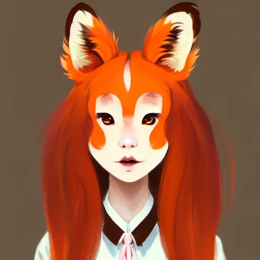 Image similar to character design portrait of a beatiful chinese anthropomorphic furry fox woman with fox ears, long orange hair, wearing a suits, looking at the camera, 4 k, concept art, by wlop, wenjun lin, watercolor, ilya kuvshinov, artgerm, krenz cushart, pixiv.