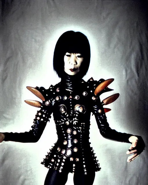 Image similar to portrait of a skinny punk goth yayoi kusama wearing armor by simon bisley, john blance, frank frazetta, fantasy, thief warrior, bauhaus brutalist