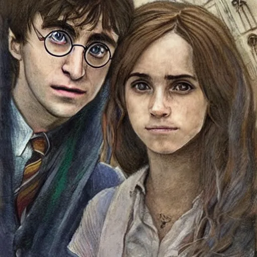 Image similar to Harry Potter Ron and Hermione in Venice, drawn by Mikhail Vrubel, hyper realistic face, symmetrical face, beautiful eyes,