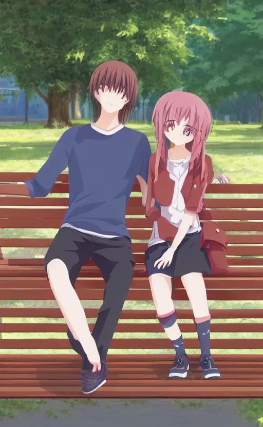 Image similar to a midshot perspective of a guy and a girl sitting on a bench together both blushing and looking away, slice of life anime digital art, 4k ultra