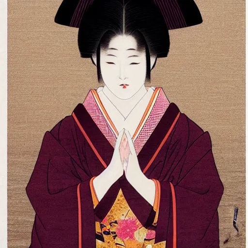 Image similar to geisha girl by ikenaga yasunari and ayana otake and ko rakusui, drawing, realistic, sharp focus, japanese, dreamy, nostalgia, faded, golden hues, floral clothes