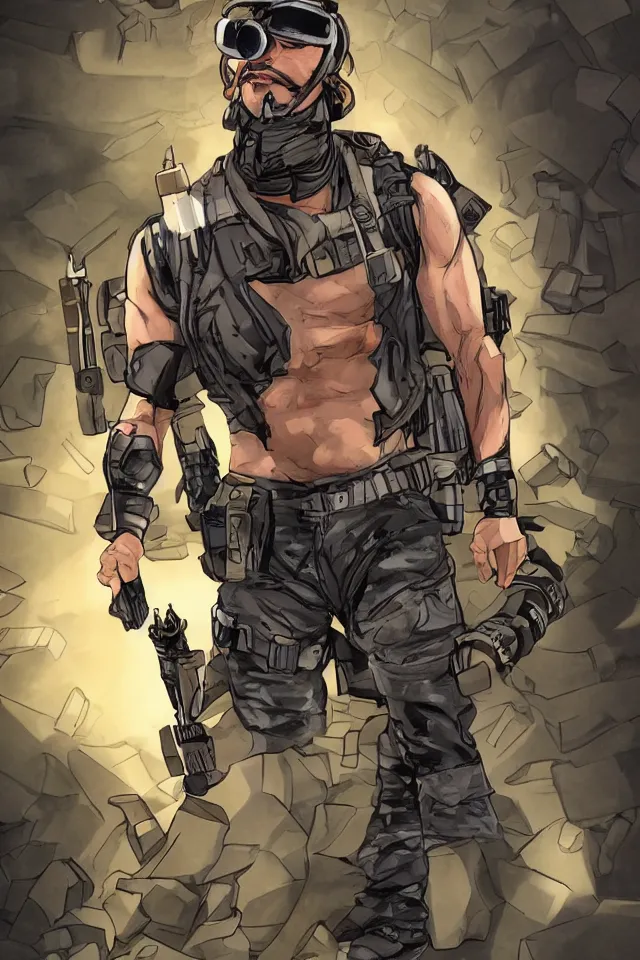Image similar to muscular man, black vest with no shirt underneath, goggles around his neck, cargo pants, ammo belt, holding a blaster, long black hair in a ponytail, five o' clock shadow, comic book art, full body shot