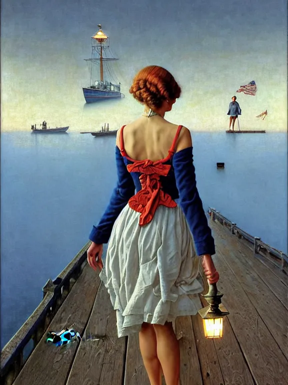 Prompt: a fancy beautiful woman standing on a wharf at the edge of a cold sea by rob gonsalves and ruth deckard and gil elvgren and harry ekman and george petty and hilo chen and norman rockwell, crisp details, hyperrealism, high detail, high contrast, low light, grey mist, cobblestones, dim lantern