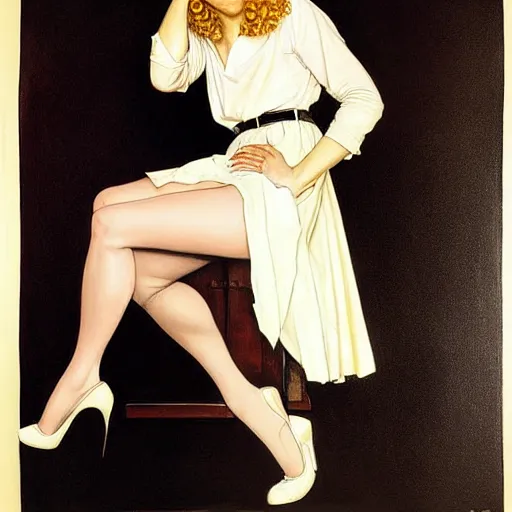 Image similar to beautiful painting of the androgynous pale blond prince Lucius with long curly blond hair, delicate young man wearing a soft white poet shirt and a black miniskirt and heels, pinup poster by J.C Leyendecker and Norman Rockwell