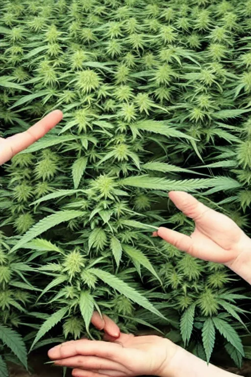 Image similar to devil spreads his hands against the background of growing cannabis.