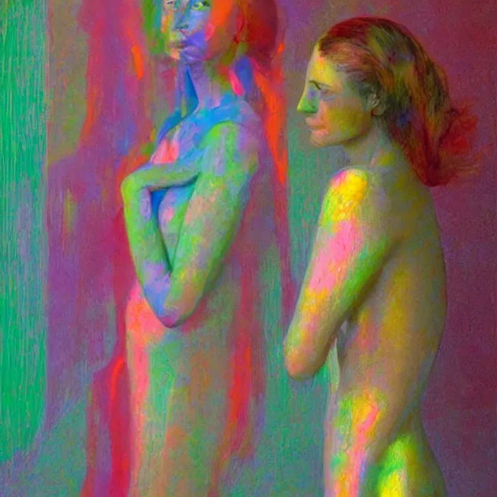 Image similar to colorful rainbow woman portrait in a translucent clothing made from plastic bag at store display, highly detailed, artstation, art by , edward hopper, zdislav beksinski, wayne barlowe