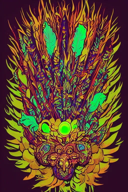 Image similar to animal mask totem roots flower tribal feather gemstone plant wood rock shaman vodoo video game vector cutout illustration vivid multicolor borderlands comics by josan gonzales and dan mumford radiating a glowing aura