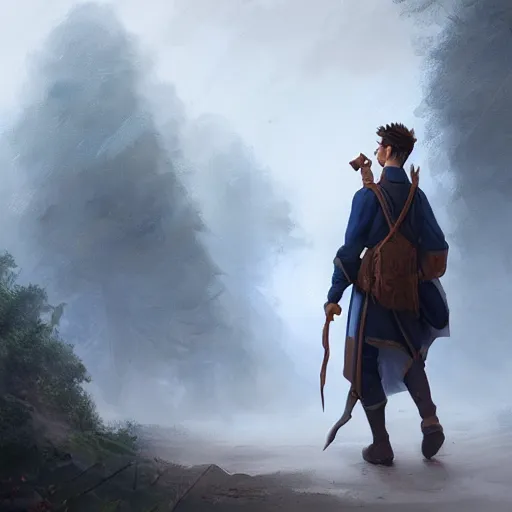 Prompt: 8k a young curious handsome male wood elf scholarly adventurer wearing a navy blue student's tunic carrying a satchel of arcane supplies, by Raymond Swanland Greg Rutkowski Lise Deharm, intricate, masterpiece, sharp, digital art, ArtStation, CGStation, 4k