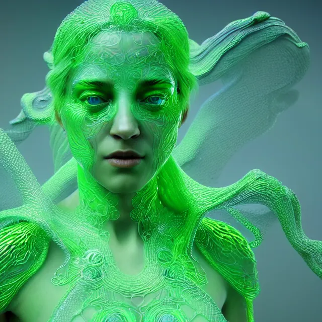 Prompt: a striking! render of ethereal beings made of green glass, new age artwork, octane, houdini, 8 k, cgsociety, intricately detailed