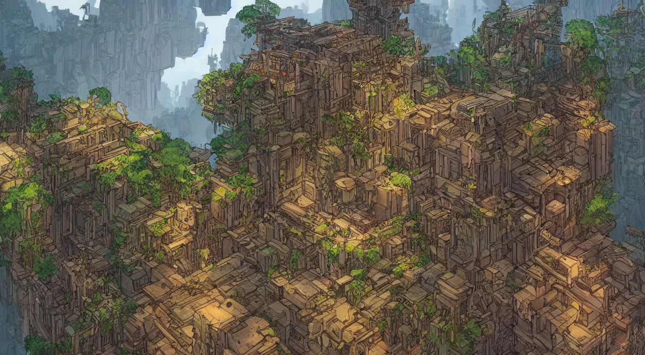 Prompt: open door wood wall fortress greeble block amazon jungle on portal unknow world ambiant fornite that looks like it is from borderlands and by feng zhu and loish and laurie greasley, victo ngai, andreas rocha, john harris