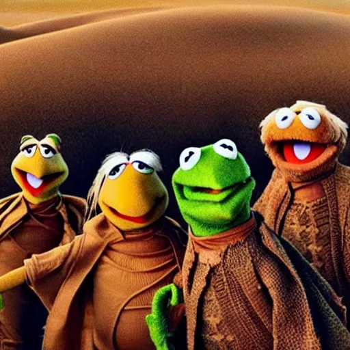 Prompt: The muppets in Dune (2021) wide angle battle scene, highly textured, hyperrealism, god rays, award winning, gritty