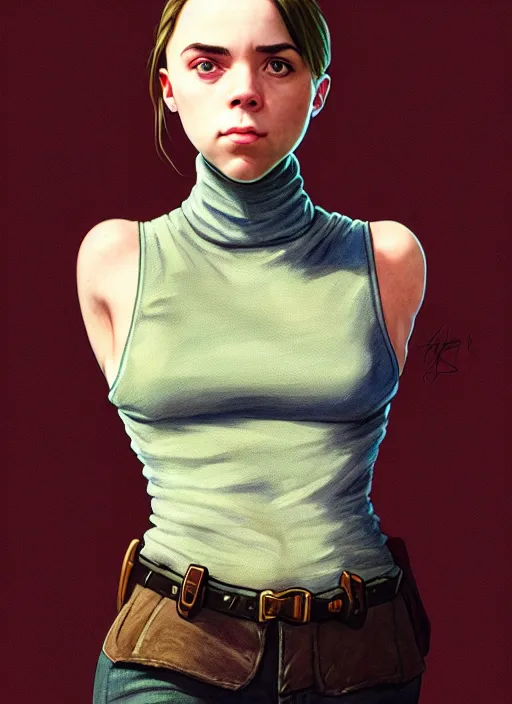 Image similar to portrait of a full body of beautiful young female detective, d & d, sleeveless turtleneck, fantasy, flat lighting, intricate, highly detailed, digital painting, artstation, concept art, smooth, sharp focus, illustration, billie eilish, art by simon bisley and greg rutkowski and alphonse mucha, natural tpose