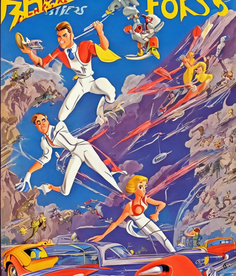 Prompt: Hannah Barbera cartoons of Five Star Stories as Whacky Races, promotional poster super detailed , xpensive production, realistic style, gouache colors, Hollywood retro cartoon poster, golden era of animation work