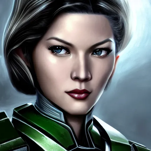 Image similar to A combination of Ada Wong's and Grace Kelly's and Katheryn Winnick's appearances with blonde hair wearing Master Chief's armor from Halo, high tech, action shot, angular, full body portrait, futuristic, dramatic, fantasy, intricate, elegant, highly detailed, digital painting, artstation, concept art, matte, sharp focus, illustration, 8K, art by tian zi and WLOP and alphonse mucha