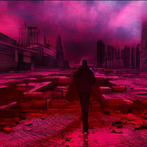 Prompt: a person watching the end of the world, red-purple gradient map effect, dystopian city, debris, dramatic painting