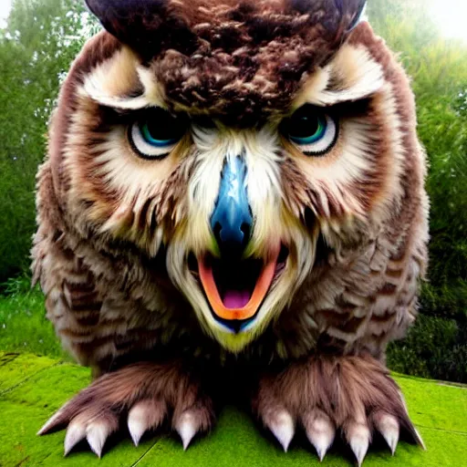 Image similar to A large magical beast called an Owlbear, the beast has the body of a bear and the head of an owl, 8k, ultra realistic, professional photography