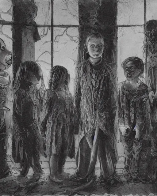 Prompt: group of creepy children staring out, black and white, victorian, ultra realistic, concept art, intricate details, horror, cinematic, highly detailed