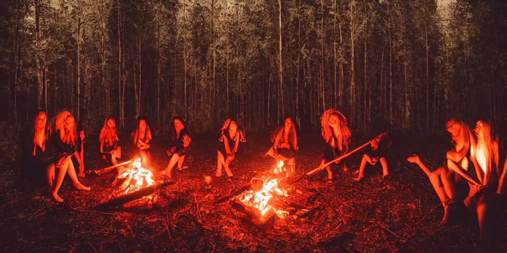 Prompt: witches preparing a ritual around a wildly lit campfire in an ominous forest at night, photography