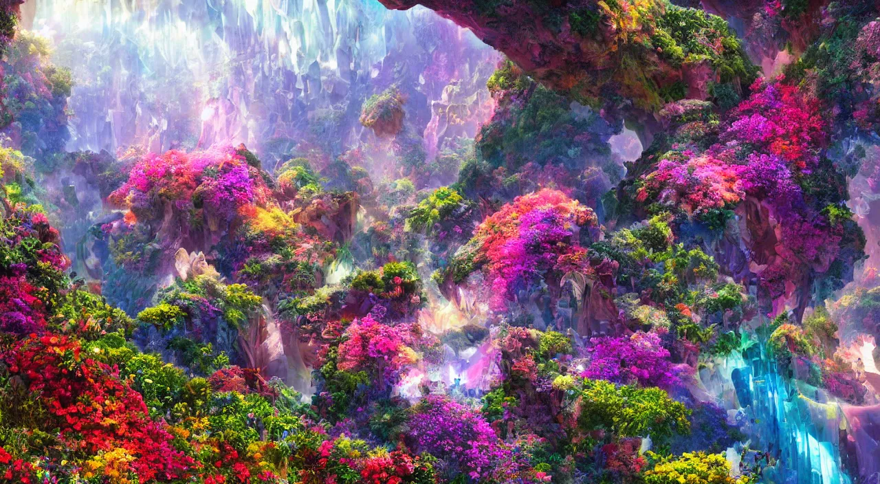 Image similar to biological crystallographic lattice bridging megastructure, in a canyon with flowers and lots of colors, by jack oliva - rendler, by glenn small, by albert bierstadt, photorealistic, zaha hadid, god rays, volumetric lighting, detailed, extremely intricate, raytrace, octane, light fog, neon