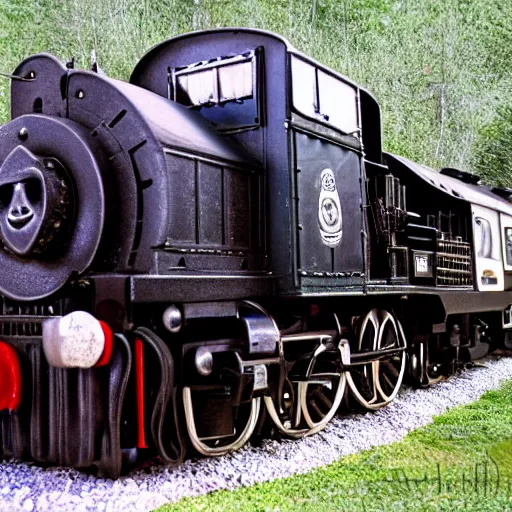 Image similar to locomotive from front view. black metal. nightmarish, horrific, scary, cowcatcher